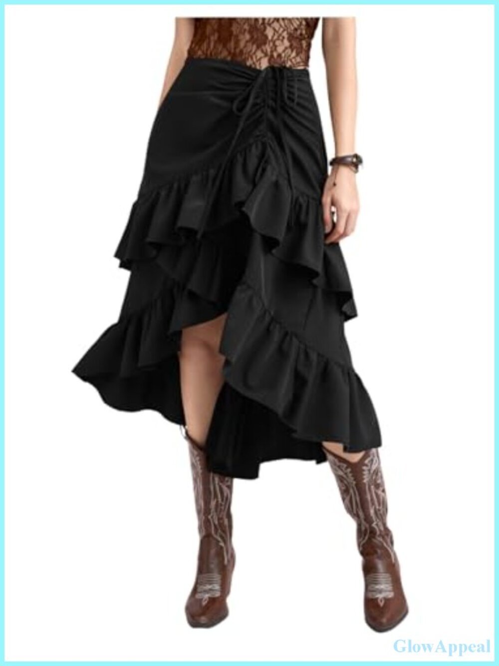 Women's Western Asymmetrical Ruffle Midi Skirt High Waist Tiered